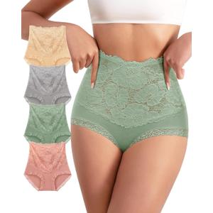 Womens High Waisted Cotton Underwear Comfortable Lace Stretch Soft Paintes Breathable Full Coverage 4 Pack Briefs (Large, Multicolor)