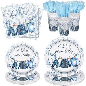 Yungyan 168 Pcs Blue Jean Baby Shower Birthday Party Decoration Disposable Blue Paper Plates Napkins Tableware Set for Boho Rustic Country Bridal Birthday Baby Shower Party Supplies Serves 24