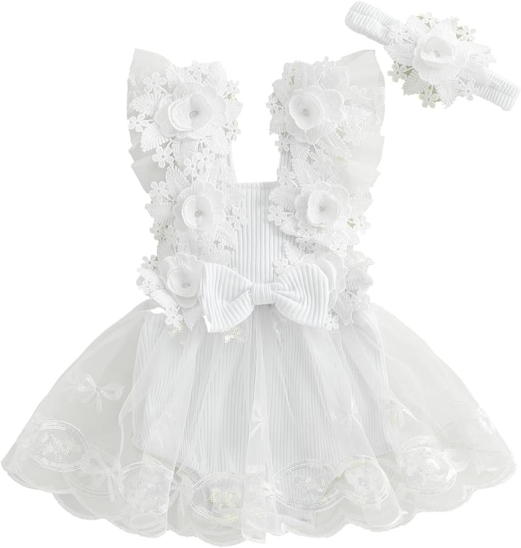 Infant Baby Girl Romper Dress Sleeveless Bow Flower Lace Tulle Dress Bodysuit Headband Newborn Summer Outfits (3-6 Months, White)
