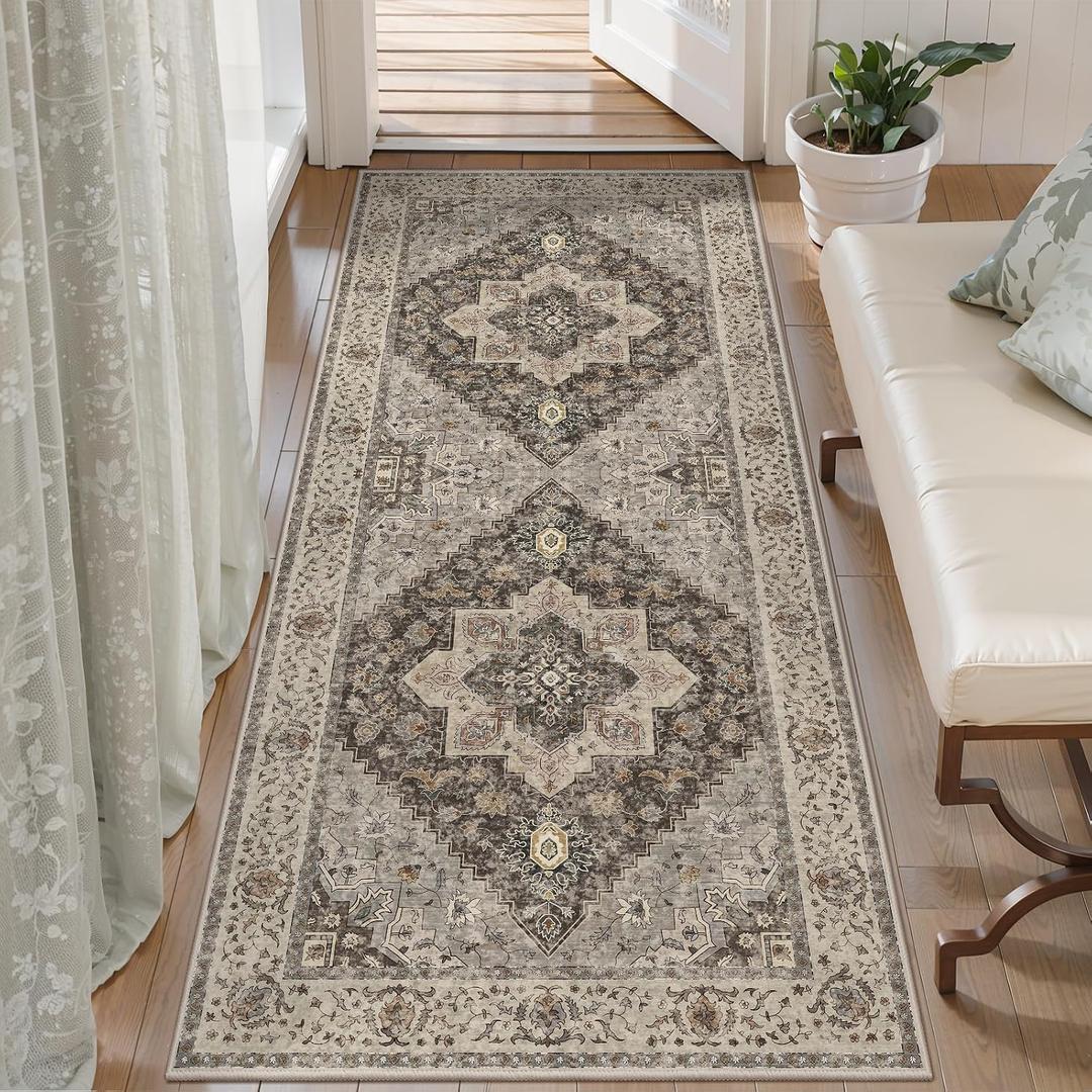 Tangsoo Vintage 2x5 Washable Runner Rug for Hallways, Farmhouse Non Slip Soft Low Pile Long Runner Rug, Distressed Grey Rug Runners for Kitchen Bedroom Entryway Bathroom Living Room Office Home Decor