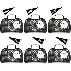 Gerrii 6 Pcs Large Halloween Trick or Treat Bucket Cute Ghost Boo Jelly Goodie Candy Gift Basket Tote Bag Bulk with Handle for Halloween Party Decor Supplies (Black)