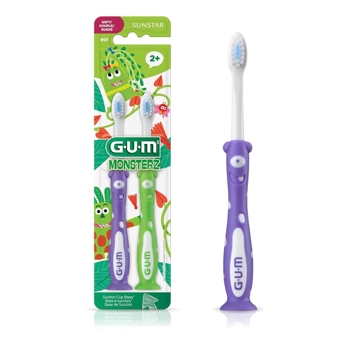 GUM Sunstar Monsterz Kids’ Toothbrush W/Suction Cup, Ages 2+, Assorted Colors, 1 Dozen