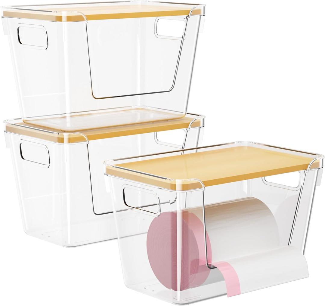 Delamu Acrylic Trash Bag Holder, 3 Pack Stackable Garbage Holder for 4-33 Gallon Bags, Clear Organizer Bins for Under Sink Organization, Pantry Storage, Cabinet, Kitchen, Laundry, Bathroom