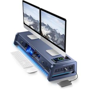 Vaydeer All-in-One Dual Monitor Stand Riser with 2 Drawers, 8USB Ports and Wireless Charging Pad with LED Light Strip for 2 Monitors , Desk Organizer for PC, iMac (Metal, 39.3 inches) (Dark Blue)