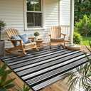LEEVAN Outdoor Rug Waterproof for Patio Clearance Black and White Camping Rug 6x9 Plastic Straw Striped Floor Carpet for Backyard, Picnic, RV, Deck, Bench, Balcony