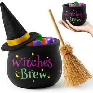 WATINC Halloween Witches Brew Mini Witches Cauldron Ceramic Candy Bowl Tiered Tray Decor, Trick or Treat Broomstick Snack Serving Bowl Decoration, Candy Bucket for Halloween Wizard Party