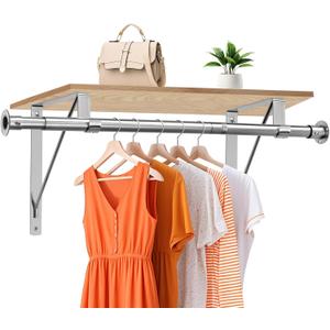 Closet Rod, 16 to 63 Inch Closet Rods Heavy Duty Adjustable Wardrobe Poles for Hanging Clothes and Heavy Duty Bracket Closet Pole Support (The Shelf NOT Included)(Silver)