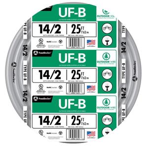 Woods Southwire 13054221 25ft 14/2 AWG Solid UF-B Type Underground Feeder and Branch Circuit Cable with Ground Wire, Gray