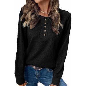 BLENCOT Womens Long Sleeve Button Neck Tops Casual Crewneck Waffle Patchwork Knit Textured T Shirts Trendy Pullover Tops Black, XL
