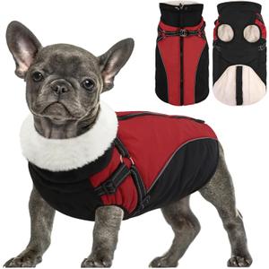 Queenmore Medium Dog Coat - Extra Warm Winter Jacket with Harness Built-in, Cold Weather Waterproof Dog Clothes, Fleece Lined Reflective Easy On Snow Parka Jacket, Red/Black, Medium