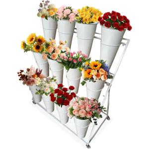 Flower Display Stand with 12 Buckets, 3 Layers Metal Movable Flower Bar Stand with Round Buckets and 4 Universal Wheels for Patio, Garden, Florist, Flower Shop, Business Use (White)