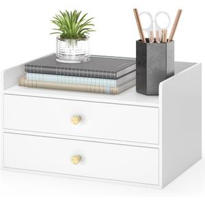 Bamboo Desk Organizer - Stackable, No Assembly Required, Ideal for Office/Home Use - Perfect for Toiletries, Stationery, Accessories. (White, Two level drawer box with sides)