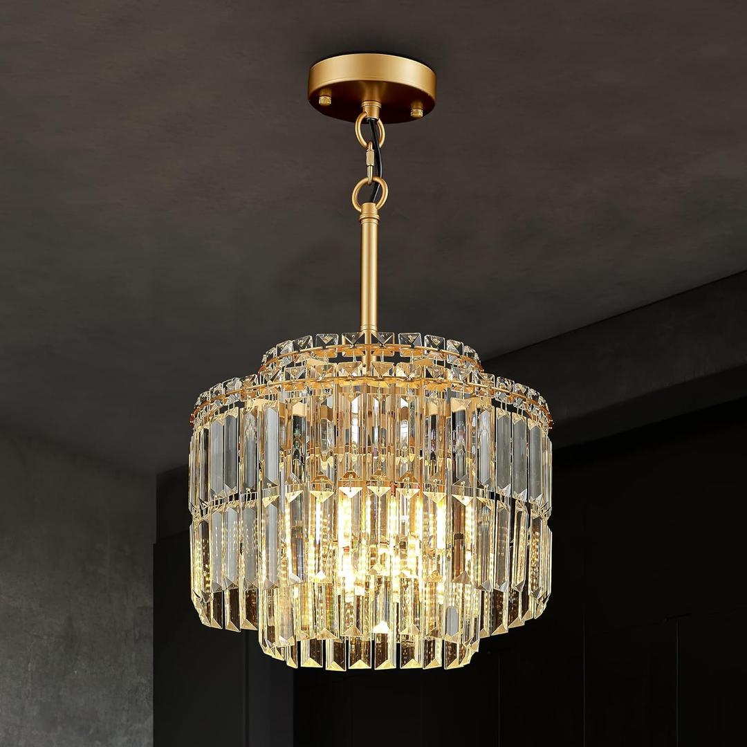 Modern 12.8 Gold Crystal Chandelier Ceiling Light Fixtures for Dining Room Luxury Glam 4-Light Crystal Chandeliers Lighting for Bedroom Entryway Hallway Living Room Kitchen Island Foyer