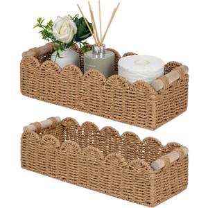 CubesLand Bathroom Basket Organizer, Toilet Tank Paper Storage Baskets 2-Pack, Scalloped Decorative Basket for Countertop w/Handle, Wicker Basket for Bathroom Decor, Home Decor, Living Room, Neutral