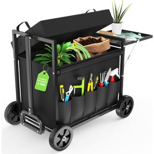 Garden Seat with Wheels, Garden Cart with Seat, 400 lbs Garden Rolling Stools with Wheels for Seniors, Rolling Utility Cart with Large Storage, Foldable Side Trays, for Patio, Lawn, Backyard Gardening