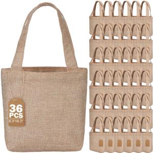 Aliceset 36 Pcs Mini Burlap Tote Bags with Handles Reusable Burlap Gift Bags with Tags Small Wedding Welcome Bridesmaids Jute Bag Bulk for Party Supplies DIY Craft (6.3 x 6.3 x 2.8 Inch,Light Brown)