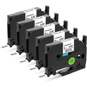 TZe-221 TZe221 TZe TZ Tape 9mm 0.35 Laminated White Replacement for Brother Label Maker Tape 9mm P Touch Label Tape, Compatible with Brother PT-D220 PT-D210 PT-H110 PT-1890, 3/8 Inch, 5-Pack (Black on White)