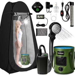 Portable Shower with Heater, Pop up Shower Privacy Tent with LED Lights, 6000mAh Camp Shower Pump, 6.6 Gallons Foldable Bucket, Outdoor Camping Shower Kit for Hiking, Beach, Pet Bath, Car Wash (Black)