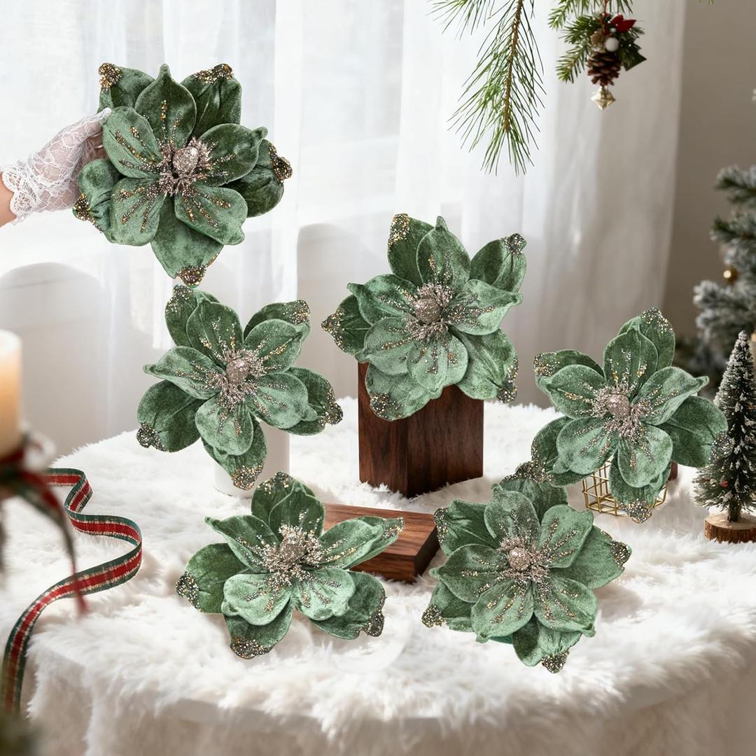 Magnolia Glitter Flowers 6PCS Single Stem Christmas Flowers for Home Table Festivals Indoor Outdoor Decor (Green)
