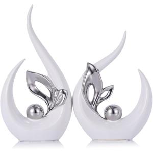 9.4" H White Silver Abstract Sculptures Home Decor, Ceramic Art Statue Cool Stuff to Put on Shelves&tv Stand Decor, Silver Accent Entertainment Center, for Fireplace Coffee Table Dining Table Decorate