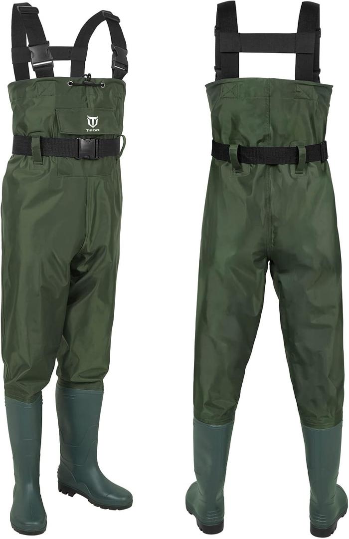 TIDEWE Bootfoot Chest Wader, 2-Ply Nylon/PVC Waterproof Fishing Hunting Waders  for Men Women Green Brown (M5/W7)