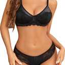 Avidlove Lingerie Sets for Women Sexy 2 Piece Bra and Panty Set Satin Lace Lingerie Set Unlined Underwire Bra (Black, M)