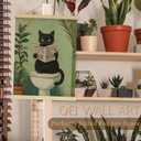 2 x QEJ Funny Black Cat Bathroom Wall Art Decor, Black Cat Bathroom Decor, Retro Green Botanical Kitten Reading Newspaper Canvas Poster Wall Decorations for Toilet Washroom Restroom, 12x16 Inch