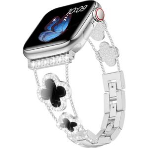 Tasikar Bling Diamond Women Band Compatible with Apple Watch Band 42mm 44mm 45mm 46mm 49mm Ultra SE Series 11 10 9 8 7 6 5 4 3 2 1 Lucky Clover Dressy Replacement Bracelet (Silver/Black)
