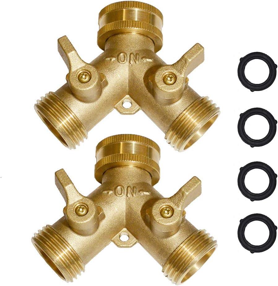 HQMPC 2 Way Hose Y Valve Hose Splitter Garden Hose Y Valve Connectors 2 way shut off valves With Solid Brass Handle Brass Y Valves Water Garden Hose Adapter 3/4"GHT Thread Extra 4 Presure washers