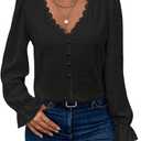 WDIRARA Women's Swiss Dots Lace Trim Blouse V Neck Long Sleeve Top (X-Large, Black)
