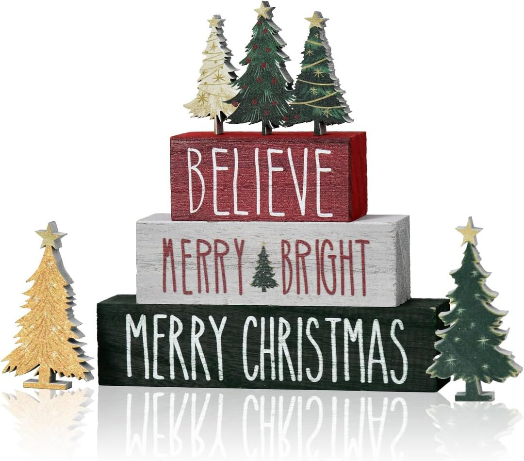 Smile 6 Pcs Christmas Indoor Decoration, Wooden Signs Tabletop Decor, Believe Merry Bright Xmas Trees, Tiered Tray Decor Ornaments for Home Shelf Mantel Fireplace