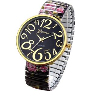 JewelryWe Women's Big Dial Easy Reader Watch Floral Elastic Stretch Band Wristwatch (Black)