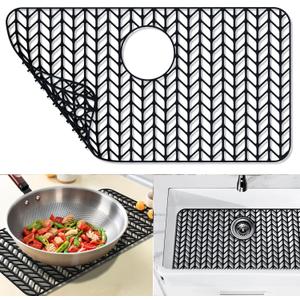 Sink Protectors for Kitchen Sink 26x14,Silicone kitchen sink mats protector for bottom of farmhouse sink(26"x 14"Rear Drain Black)