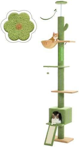 PEQULTI Cat Tree Floor to Ceiling,Cactus Tall Cat Tower, Adjustable Height (83''-108'') 5 Tiers Climbing Tree for Indoor Cats with Cat Condo, Scratching Post and Ladder, Green