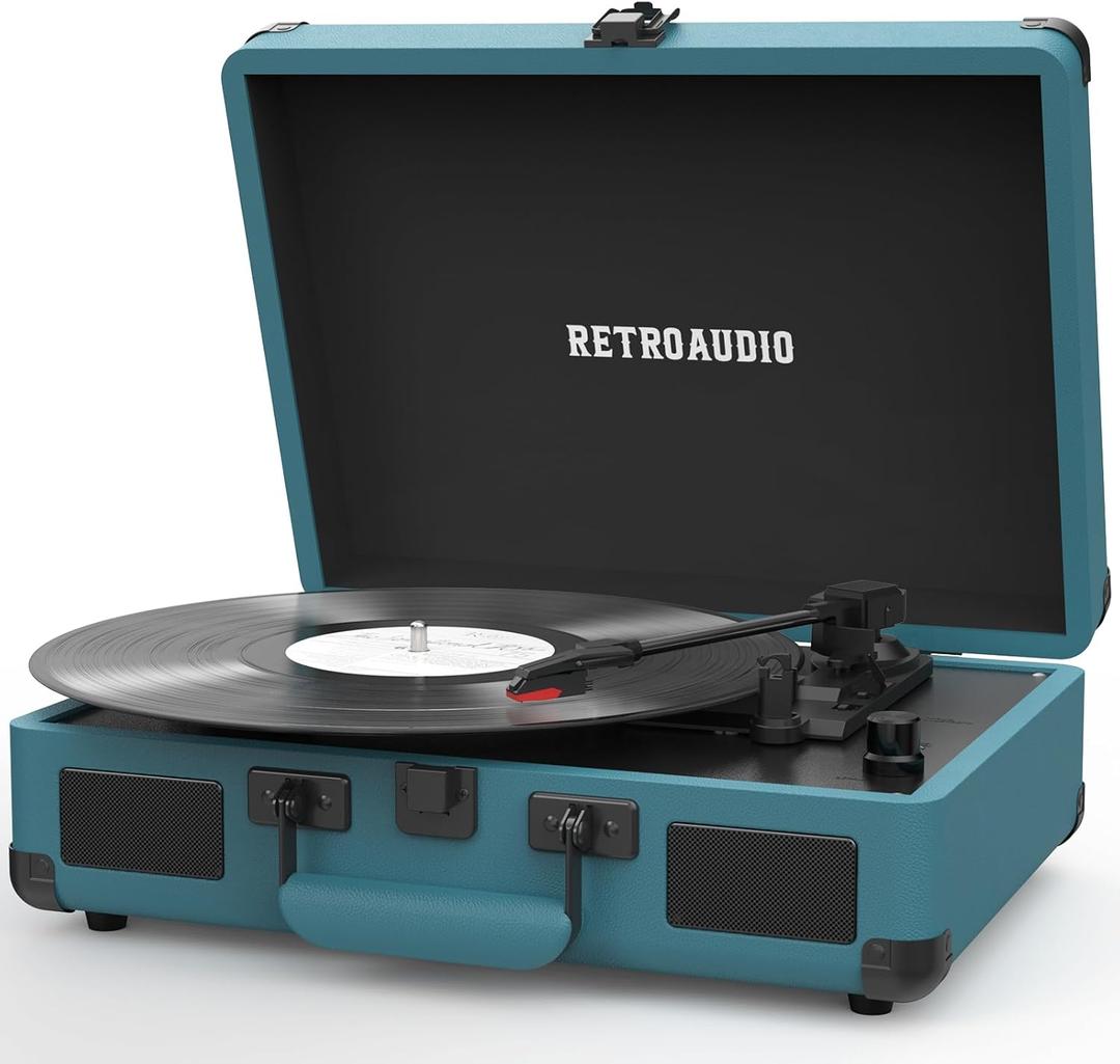 Vinyl Record Player 3-Speed Bluetooth Portable Suitcase Belt-Driven Record Player with 2 Built-in Stereo Speakers Vinyl Vintage Turntable Phonograph Records Player with RCA Line Out, AUX Out