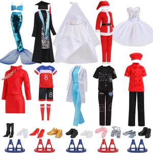 51 Pcs Themed Doll Clothes & Accessories  Educational Role Play Gift Set for Girls with 10 Outfits (Doctor, Bride, Mermaid, Santa, Chef etc.),10 Shoes, 5 Stands  Fits 11.5 Inch Dolls(No Doll)