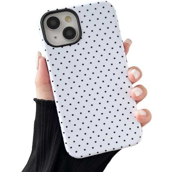 Compatible with iPhone 13/14 Pro Max Case, Fashion Cute Polka Dot Pattern Aesthetic Design for Women, Soft TPU and Hard Back Shockproof Phone Case, White Phone Case