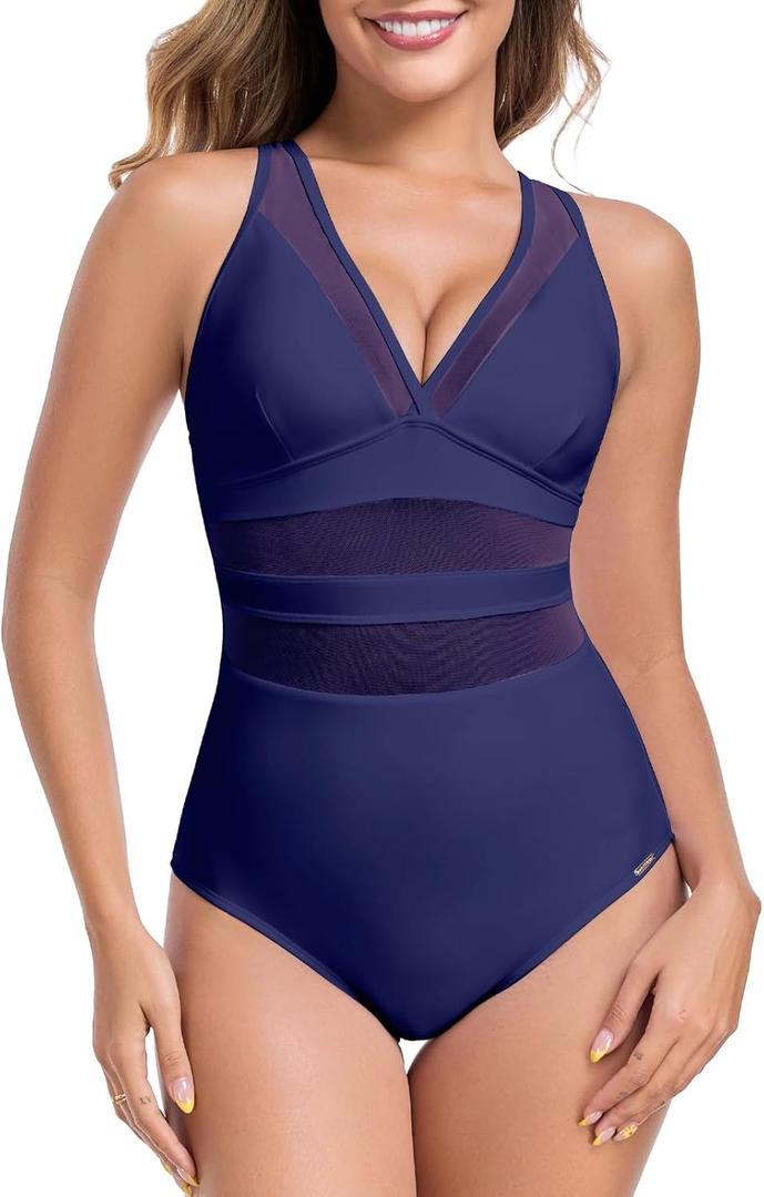 RELLECIGA Womens Mesh One Piece Swimsuit V Neck Tummy Control Bathing Suit Slimming Swimwear (M)
