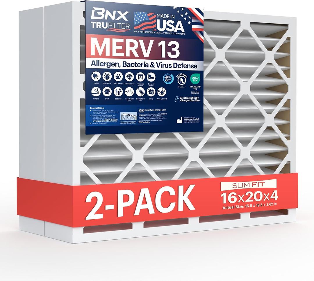 BNX TruFilter 16x20x4 (15.5 x 19.5 x 3.63 Slim Fit) MERV 13 Air Filter (2-Pack) - MADE IN USA - Air Conditioner HVAC AC Furnace Filters Health, Allergies, Mold, Bacteria, Smoke, MPR 1900 FPR 10