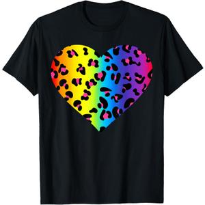 Heart Rainbow Cheetah Leopard Tiger Print T-Shirt.L