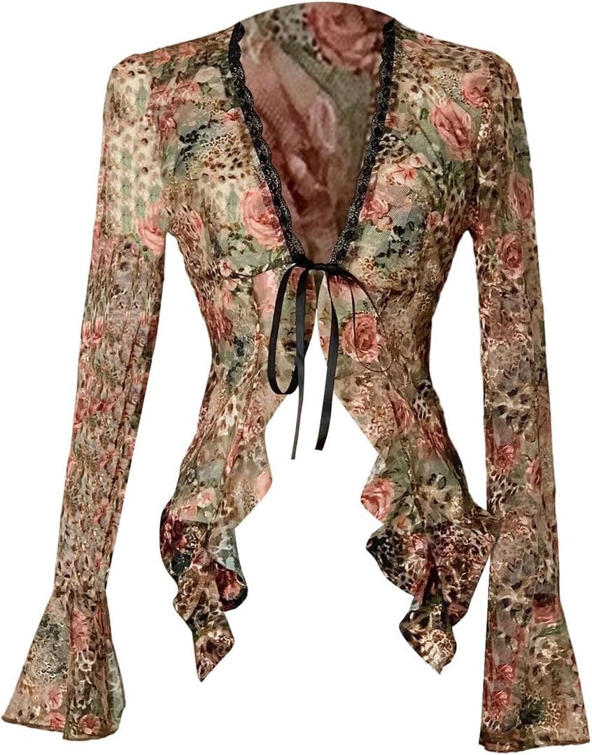 Floerns Women's Floral Mesh Long Sleeve Boho Tops V Neck Tie Front Ruffle Fairy Going Out Blouses Top (Brown, L)