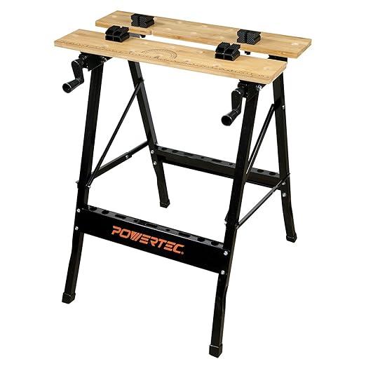POWERTEC Portable Small Workbench with Vise, Imprinted Ruler and Protractor Scale, Folding Sawhorse/Worktable and 4 Bench Dogs for Woodworking Projects (MT4006)