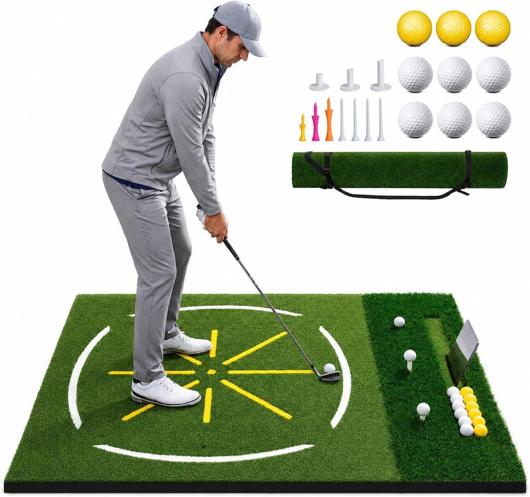 Dual Turf Golf Mat 5x4FT, Golf Hitting Practice Mat for Backyard | Features Phone Slot, Ball Tray, Alignment Line And Artificial Turf For Indoor Outdoor Driving Range Training & Golf Practice, 5x4FT with Phone Slot