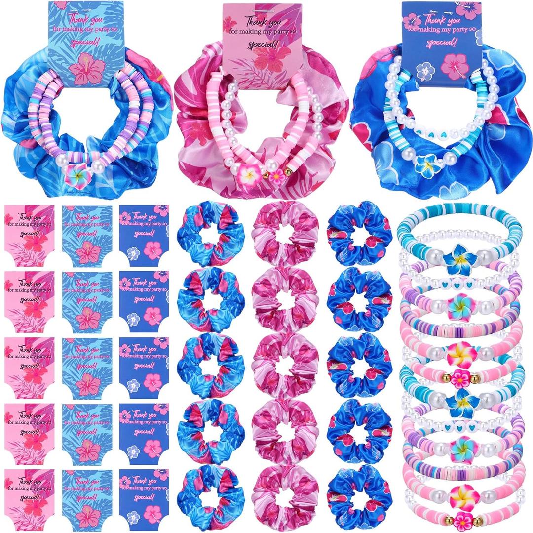 15 Set Hawaiian Bohemia Bracelet and Scrunchie Bulk Pink and Blue Cartoon Party Thank You Gift for Girls Birthday Party Favor Silk Hair Ties Plumeria Friendship Bracelets