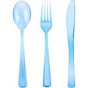 WDF 180 Pieces Blue Plastic Silverware Disposable - Clear Blue Cutlery Sets 60 Forks, 60 Knives and 60 Spoons - Heavy Duty Utensils for Party, Wedding, Graduation