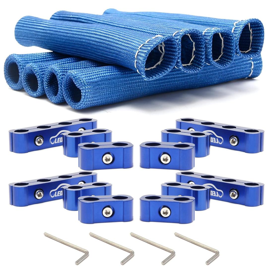 LEDAUT Blue 8Cyl Spark Plug Heat Shield Protector and 12pc Engine Separator Insulating Fire Sleeve Spark Plug Wire Protector with Divider Suit for 8mm 9mm 10mm