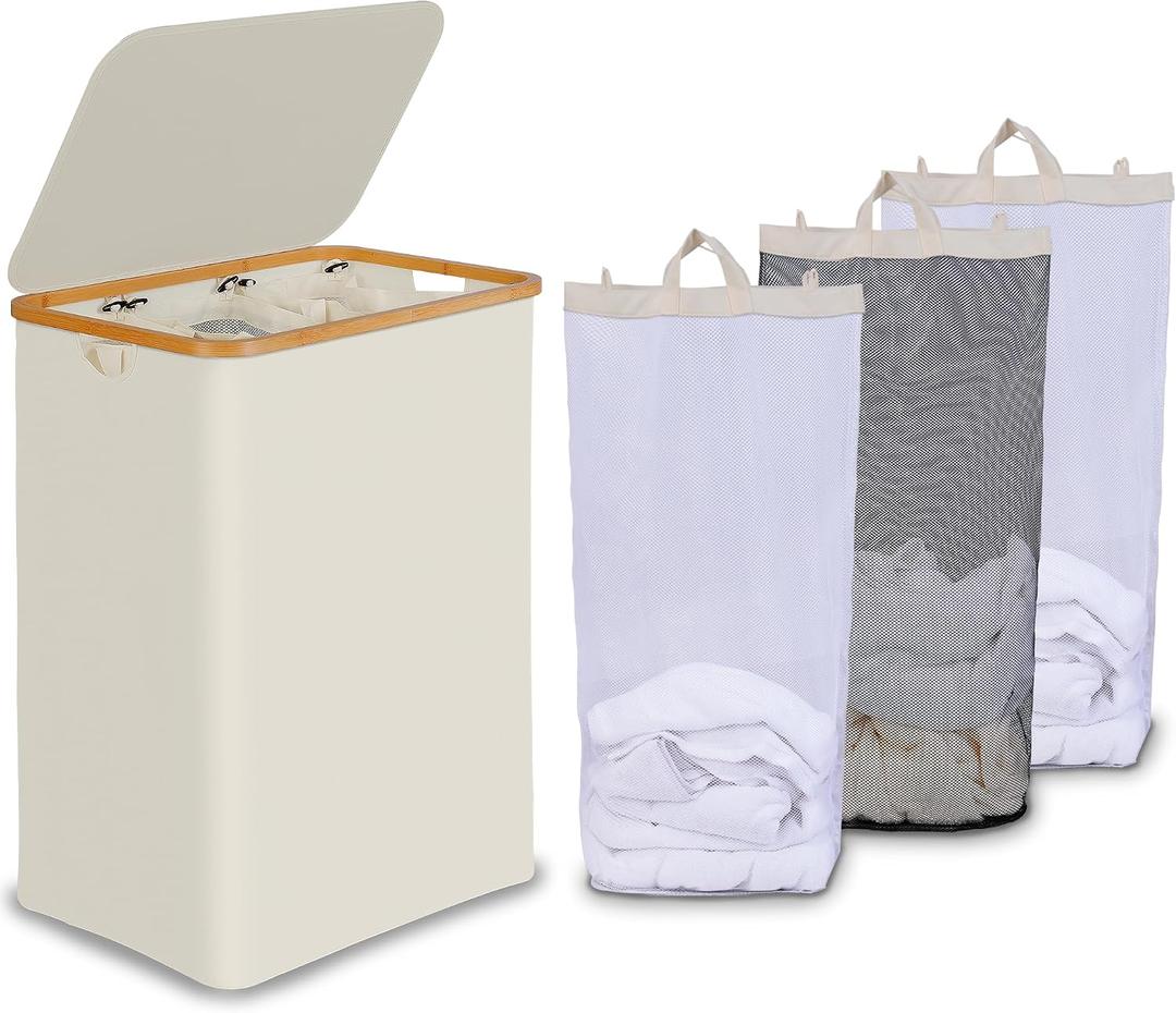 Efluky Laundry Hamper with Lid, Trio Laundry Hamper with 3 Removable Bags, 3 Section Laundry Basket with Bamboo Handles for Bathroom, Bedroom & Laundry Room, 160L Beige