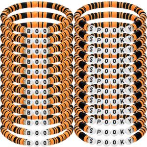 Yinkin 24 Pcs Spooky Boo Halloween Bracelets Polymer Clay Beaded Stretch Bracelets Letter Boho Jewelry for Women Halloween Party Favors for Family Friend Accessory Gift(Orange and Black)
