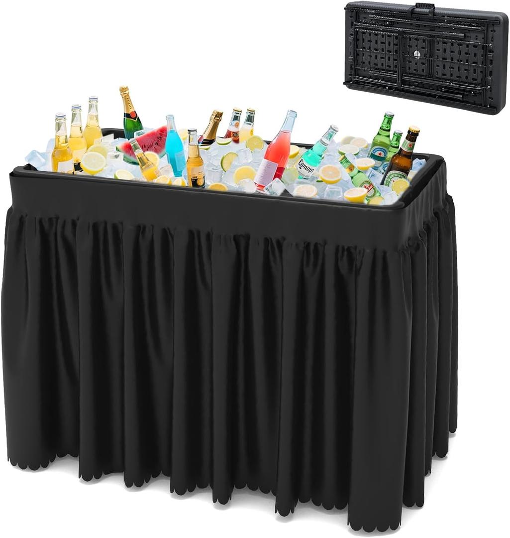 Party Outdoor Cooler Table, Black Skirt &Drain Hose Plastic Chill Table to Keep Drinks Cool, Portable Foldable Self-Serving Beverage Ice Cooler Bar for Wedding, Picnics, Barbecues, Fishing (Standard without Extra Shelf)