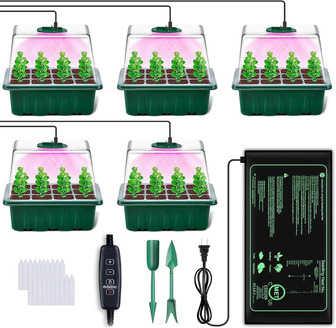 YAUNGEL Seed Starter Tray with Grow Light, 5 Pack Seed Starter Kit with Heat Mat, Seedling Starter Trays with Timing Controller Adjustable Brightness, Thicken Trays with Humidity Domes